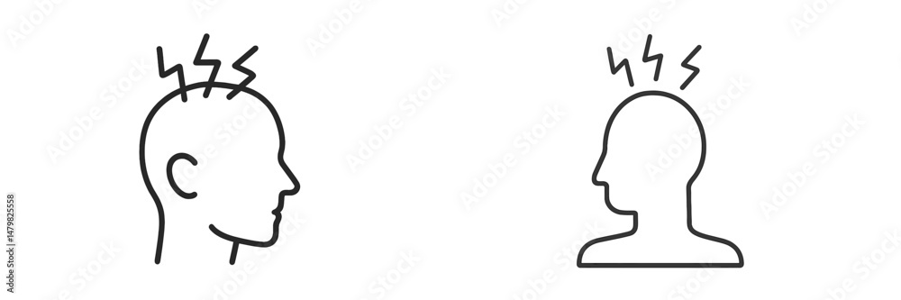 Poster set of web icons depicting headache and migraine symptoms in a minimalist style with clear outlines 