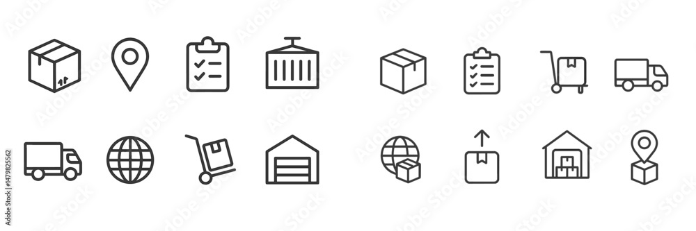Poster web icons representing shipping and logistics services including boxes, vehicles, and location marke