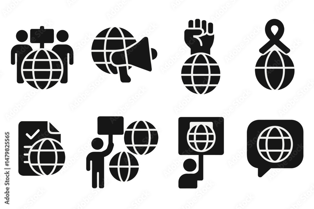 Poster Set of diverse web icons representing global communication, activism, and awareness initiatives in a clear and modern design