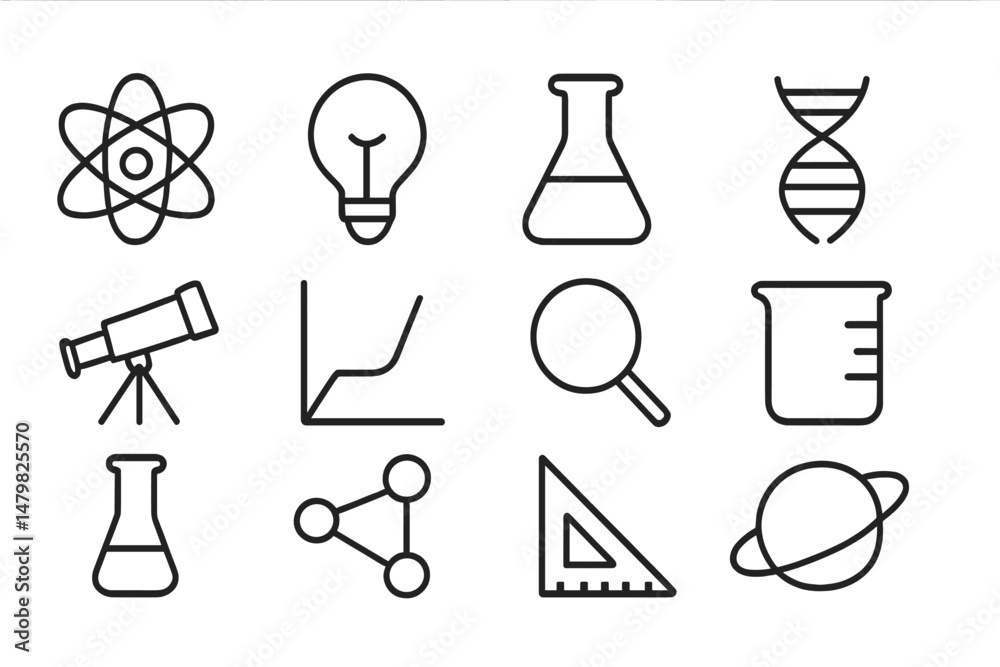 Aufkleber collection of line art web icons representing science, technology, and research for digital projects