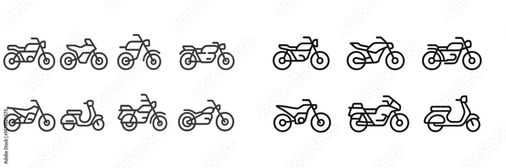 Poster Collection of minimalistic web icons representing various motorcycle and scooter designs in a clean layout