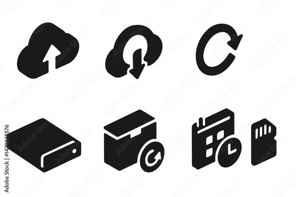 Leinwandbilder Set of black web icons representing cloud upload, download, refresh, storage, and scheduling features for digital use