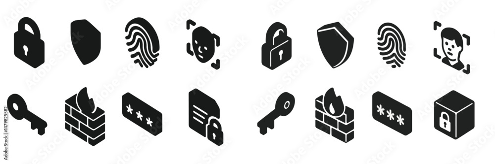 Poster collection of web icons showcasing security, privacy, and digital authentication elements for online