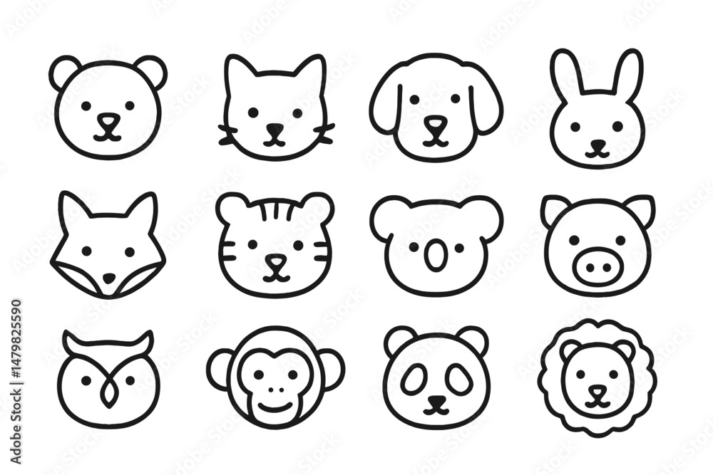 Poster Set of fun animal web icons featuring various cute characters designed for digital use