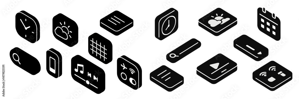 Poster set of web icons featuring various symbols for app functions and user interface elements in a minima