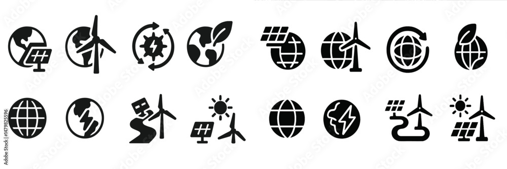 Poster collection of web icons representing renewable energy and environmental themes