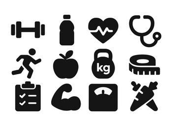 Plakat Collection of fitness and health web icons featuring various exercise and dietary symbols in black silhouette style