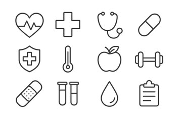 Set of web icons representing healthcare and wellness concepts for digital design projects