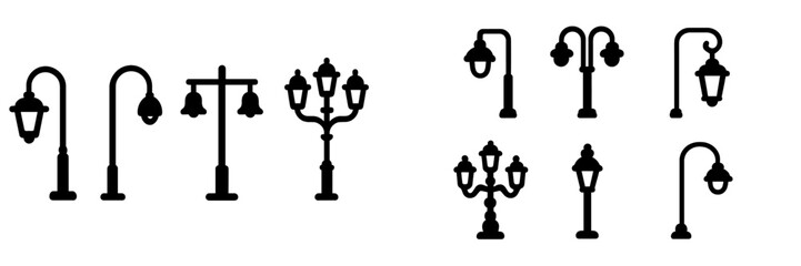 Obraz premium Collection of black silhouette web icons representing various street lamp designs in a minimal style