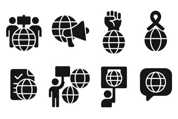 Set of diverse web icons representing global communication, activism, and awareness initiatives in a clear and modern design