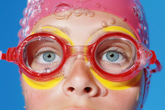 Wide-eyed swimmer with red and yellow goggles, pink cap and bubbles clinging to her face in a saturated blue backdrop. Surreal aquatic fashion shot.