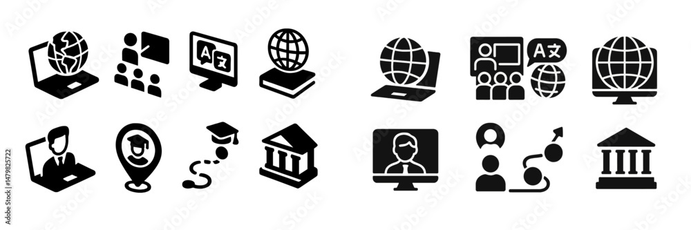 Aufkleber collection of web icons representing online learning, educational tools, and global communication fo