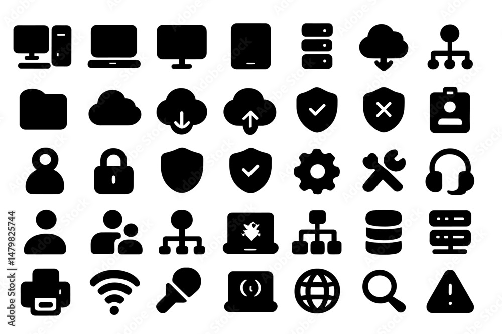 Poster Collection of web icons representing technology, security, communication, and data management for digital applications