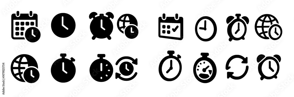 Poster set of black web icons representing time, clocks, calendars, and schedules for digital applications 