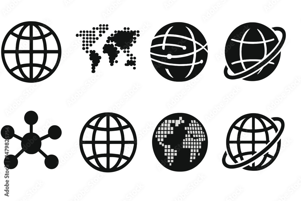 Poster collection of web icons featuring global symbols and network graphics for digital design projects