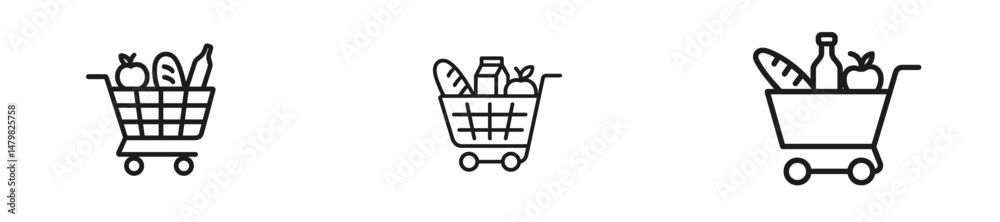 Poster set of simple web icons depicting shopping carts filled with various grocery items including fruits 