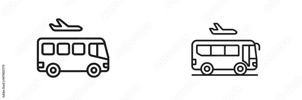 Poster set of web icons representing transport modes including a bus and an airplane