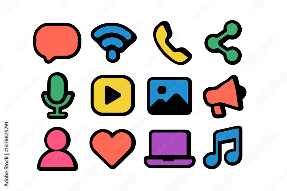 Aufkleber collection of colorful web icons representing communication, multimedia, and social interaction
