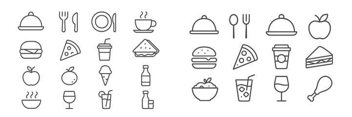 Collection of web icons representing various food and drink items in a minimalist and modern style