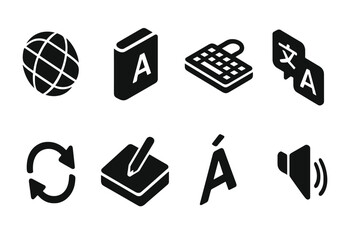 Obraz premium Collection of black web icons representing global communication tools and language features