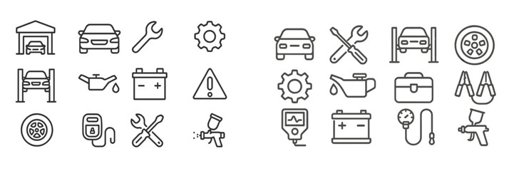 Collection of automotive service icons featuring tools, parts, and machinery for vehicle maintenance and repair activities