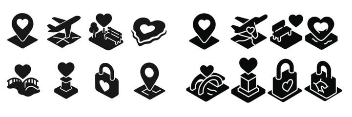 Set of black web icons featuring various heart-themed designs for applications and services