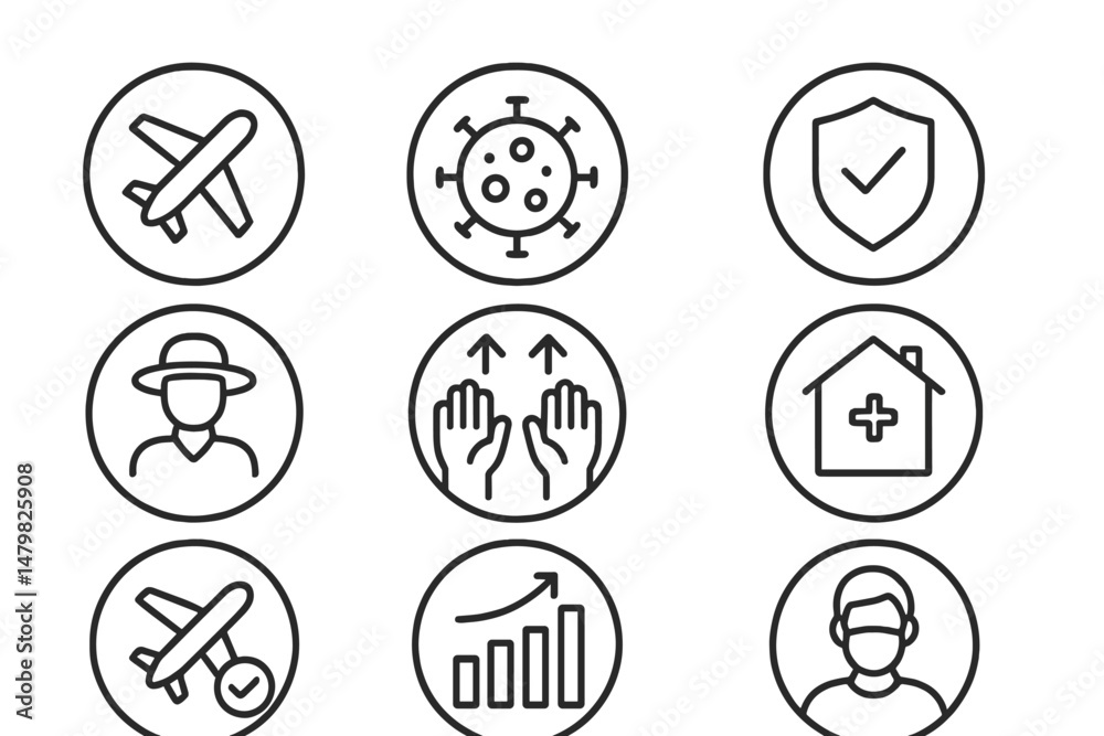 Poster collection of web icons representing travel, health, and safety in a modern design suitable for vari