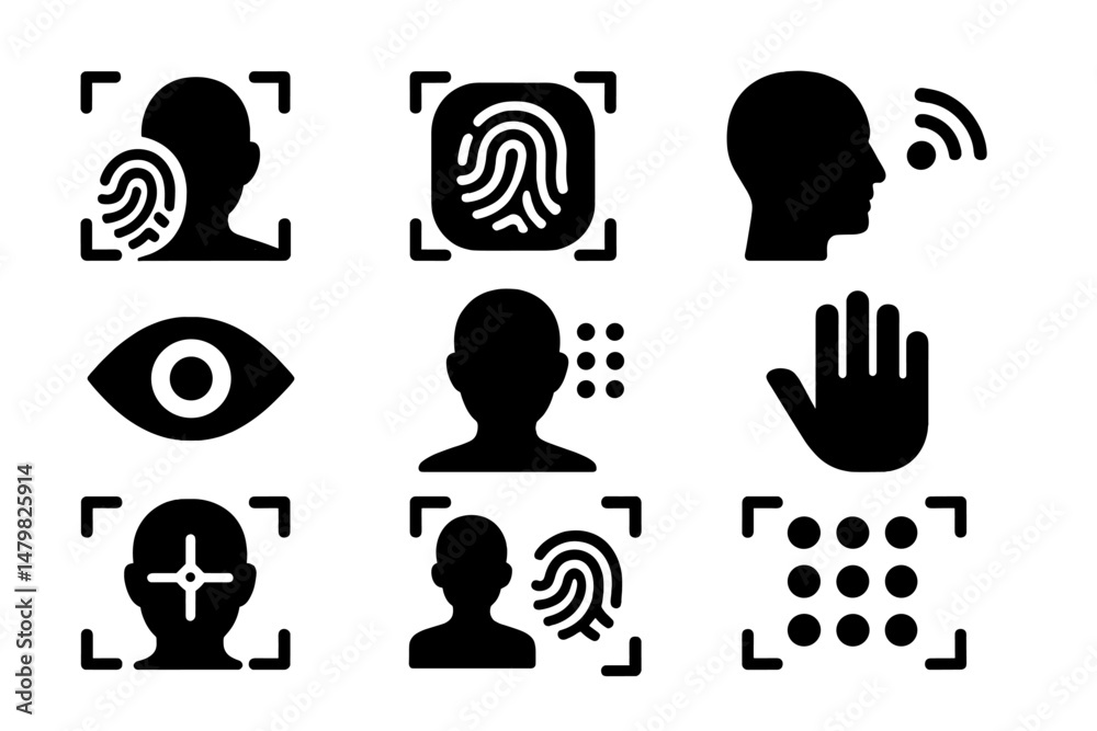 Poster Collection of web icons featuring biometric symbols for user authentication and identification methods