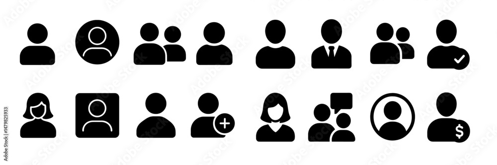 Fototapete collection of versatile web icons representing user profiles and social interactions for digital app