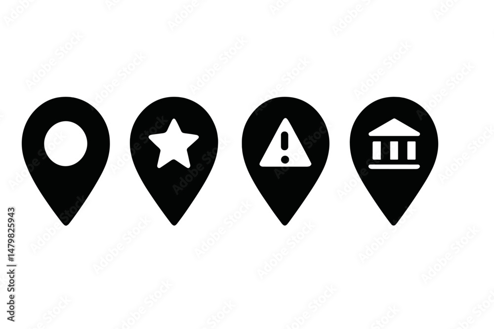 Aufkleber set of black web icons depicting location markers with various symbols including circle, star, warni