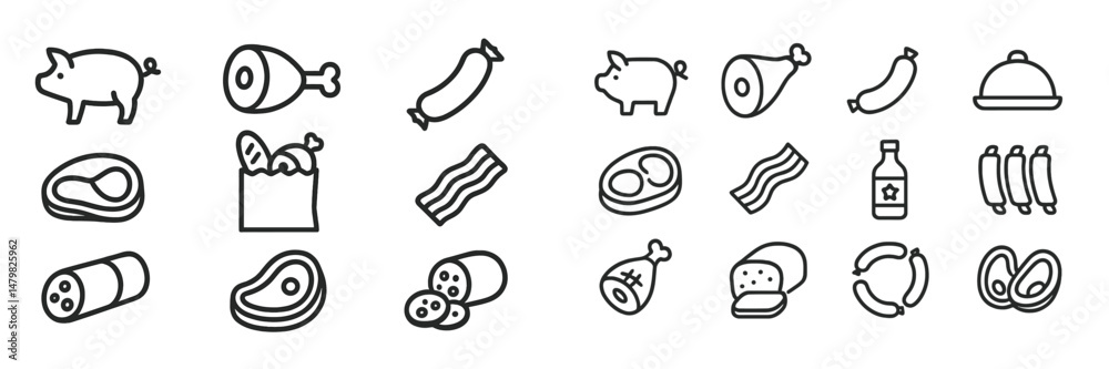 Aufkleber Collection of web icons featuring various types of meat products and related items in simple line art style