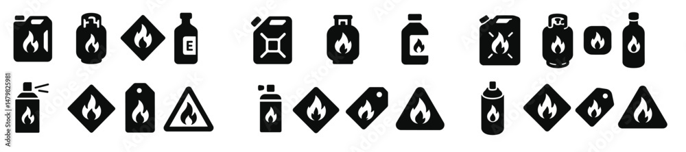 Aufkleber Collection of black web icons representing flammable materials and safety symbols for digital design projects