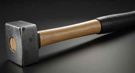 Close-up of a robust sledgehammer showcasing its metal head and wooden handle
