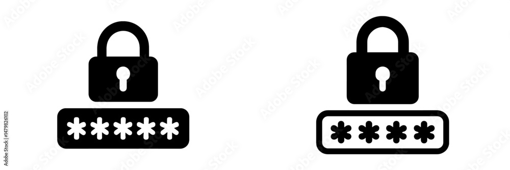 Poster Set of web security icons showcasing different styles of padlocks and password input fields for digital protection
