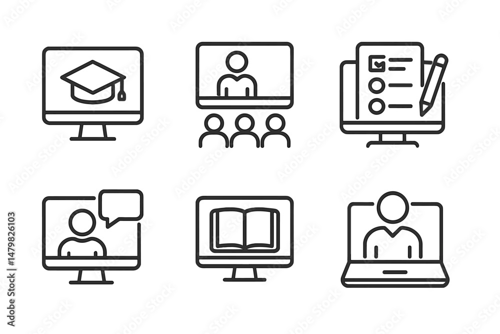 Poster Set of web icons representing online education and virtual learning activities for various purposes