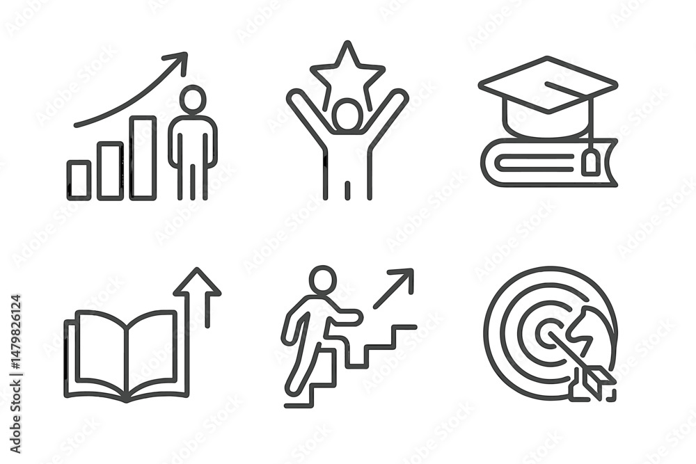 Aufkleber set of web icons representing growth, achievement, education, and goal setting in a minimalistic des
