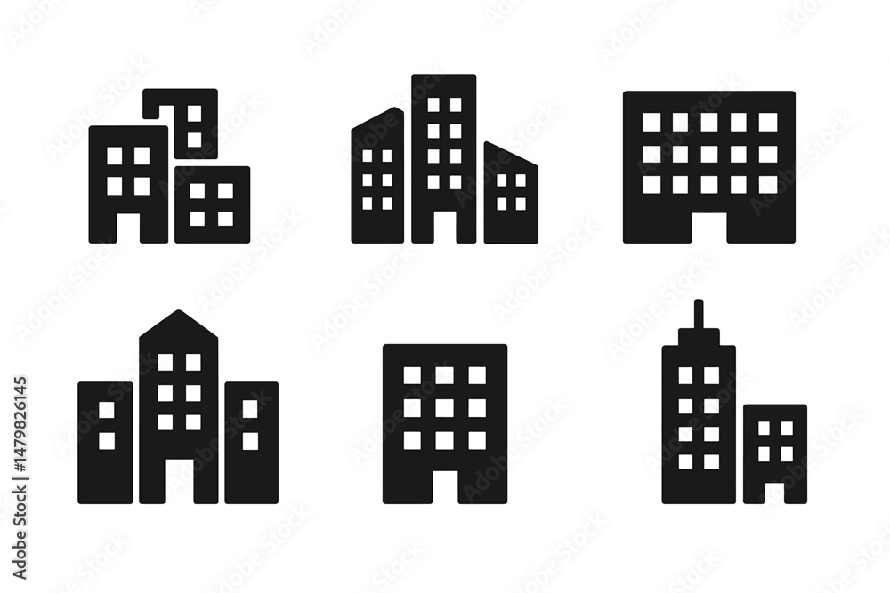 Poster Collection of web icons representing various building designs and structures in a minimalistic style