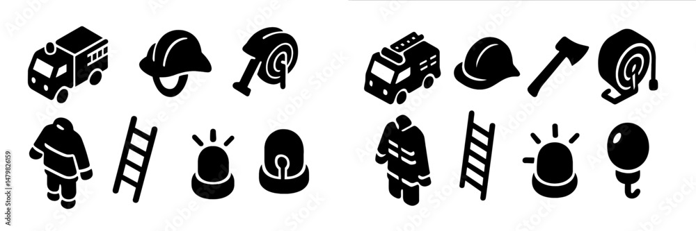 Poster set of web icons representing emergency services and firefighting equipment featuring various tools 