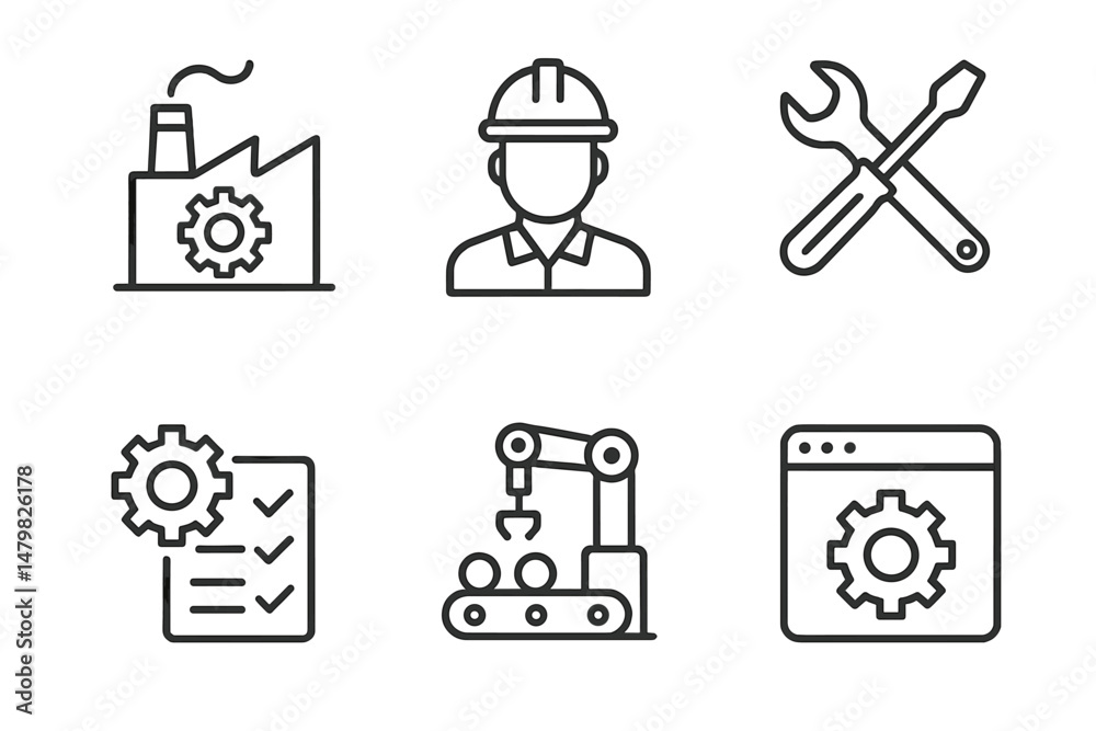 Poster collection of web icons representing industry, engineering, and technology for digital projects