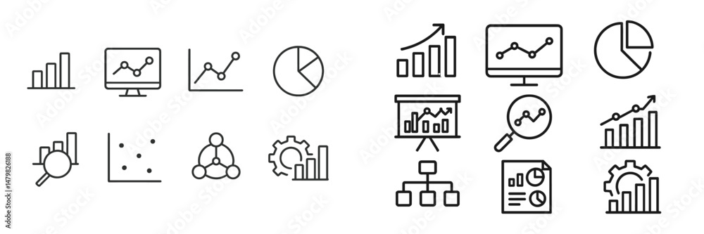 Poster Set of web icons depicting data analysis and reporting tools suitable for digital platforms and presentations