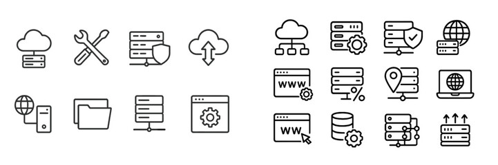 Set of web icons for cloud computing, data management, and online security designed in a minimalist style