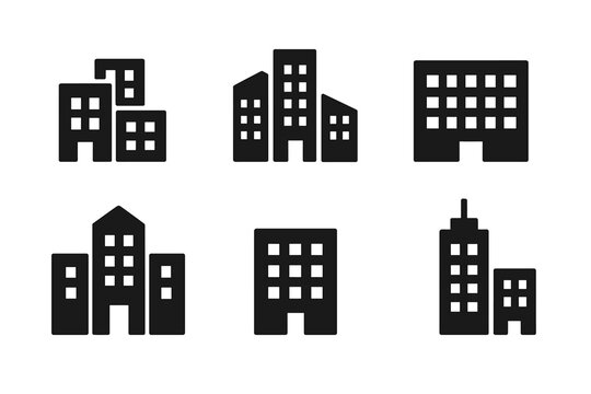 Collection of web icons representing various building designs and structures in a minimalistic style