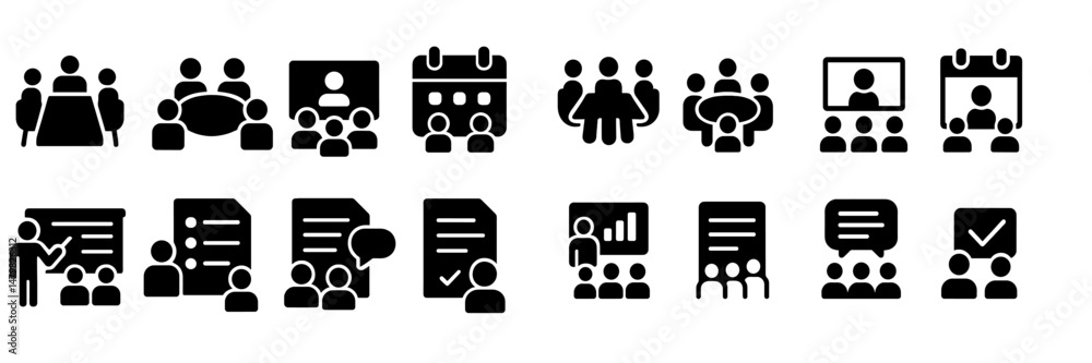 Aufkleber collection of black web icons representing various activities such as meetings, collaboration, and d