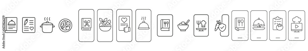 Poster collection of web icons representing various food and cooking activities for digital design projects