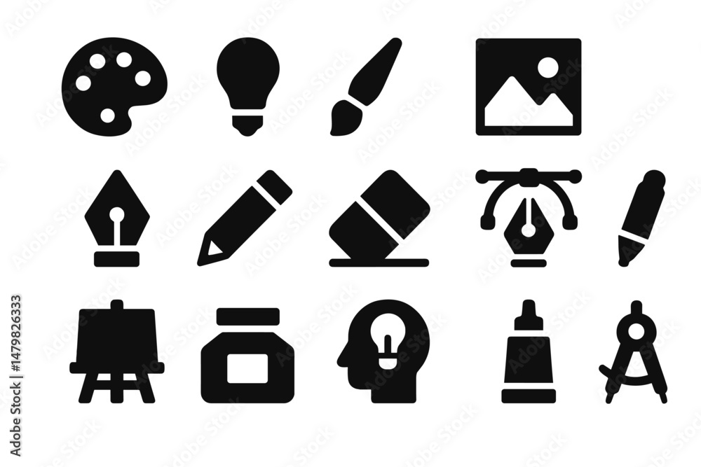 Poster collection of black web icons depicting creative tools and artistic elements for digital design proj