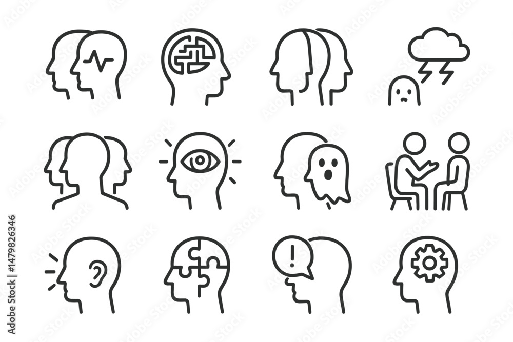Poster Set of web icons depicting various mental health concepts and interactions in a simple, minimalistic design