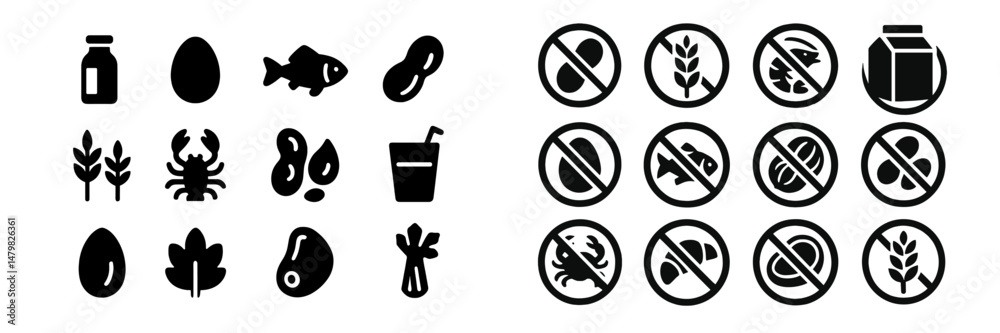 Poster collection of web icons representing food items and allergen warnings suitable for design projects