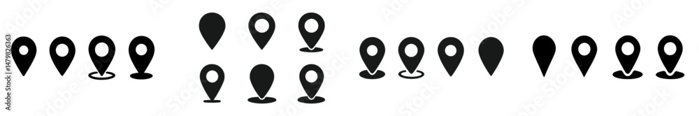 Poster collection of web icons featuring location markers in various styles and arrangements suitable for d
