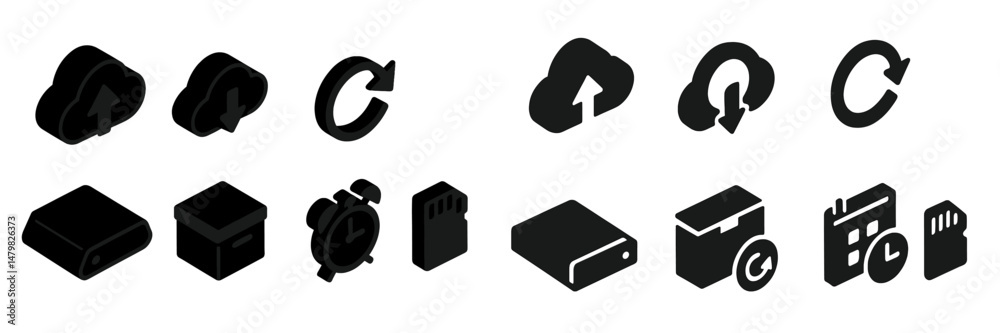 Poster Collection of web icons featuring cloud uploads, refresh symbols, and various time-related designs for digital interface use