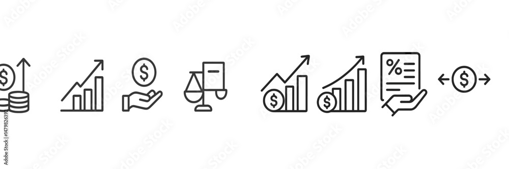 Poster set of web icons representing finance, investment, and law concepts for digital applications and onl